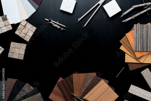 creativity house design ideas concept with sample of material venner wood stone sample on black wood floor