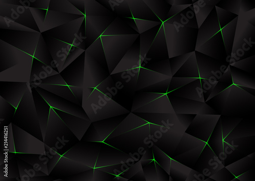 Black background from polygonal shapes and green light effects. Vector illustration