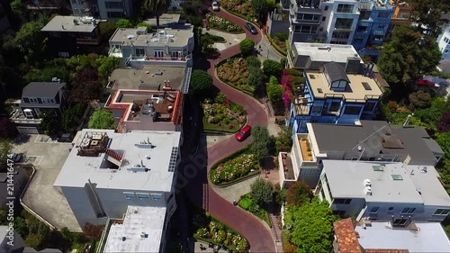 A close drone shot flying directly over Lombard Street California