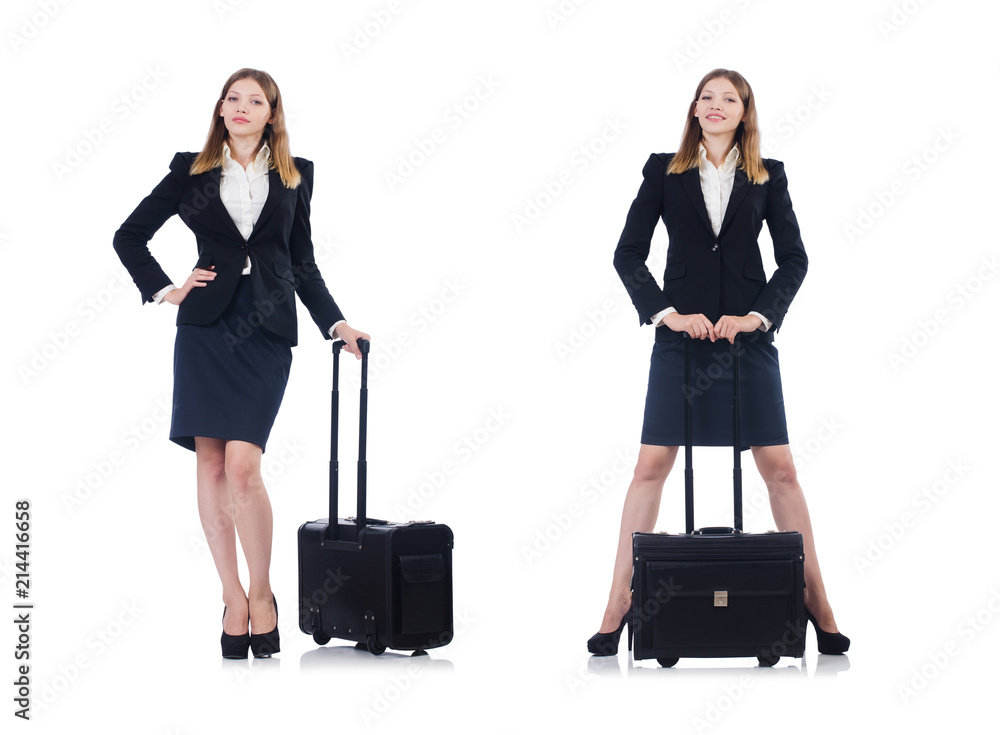 Woman preparing for vacation with suitcase on white Woman preparing for vacation with suitcase on white