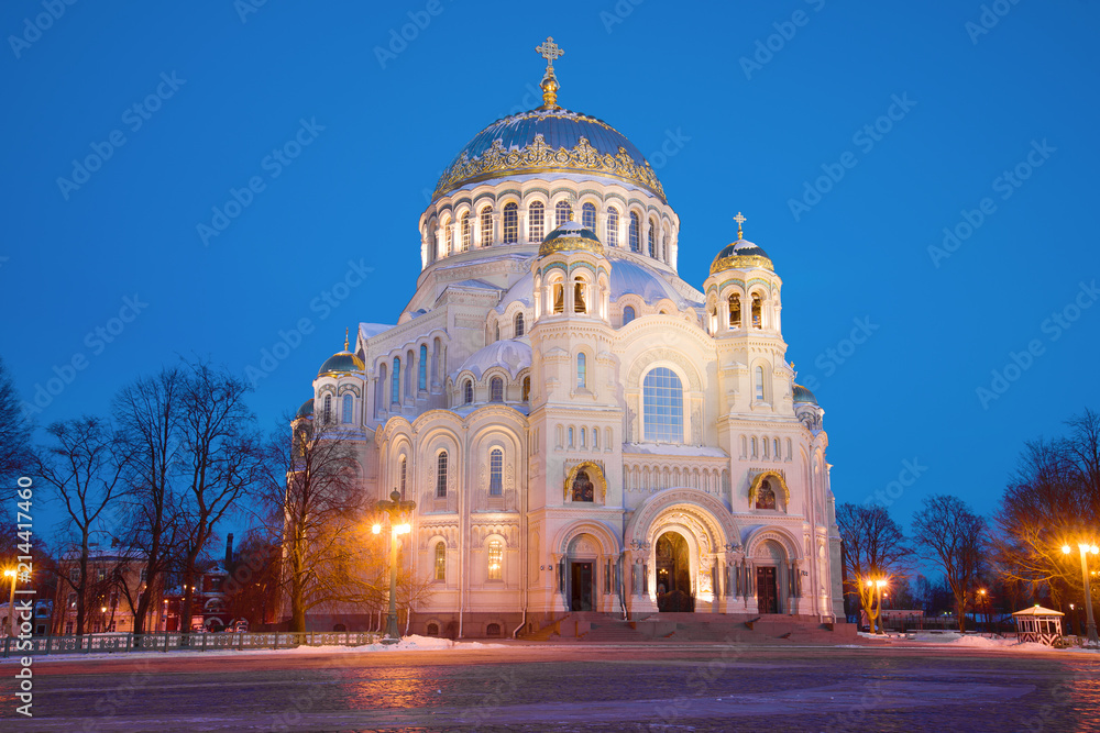 St. Nicholas naval Cathedral in night illumination on March evening. Kronstadt, Russia