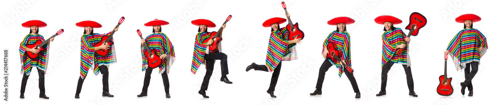 Mexican in vivid poncho holding guitar isolated on white Mexican in vivid poncho holding guitar isolated on white