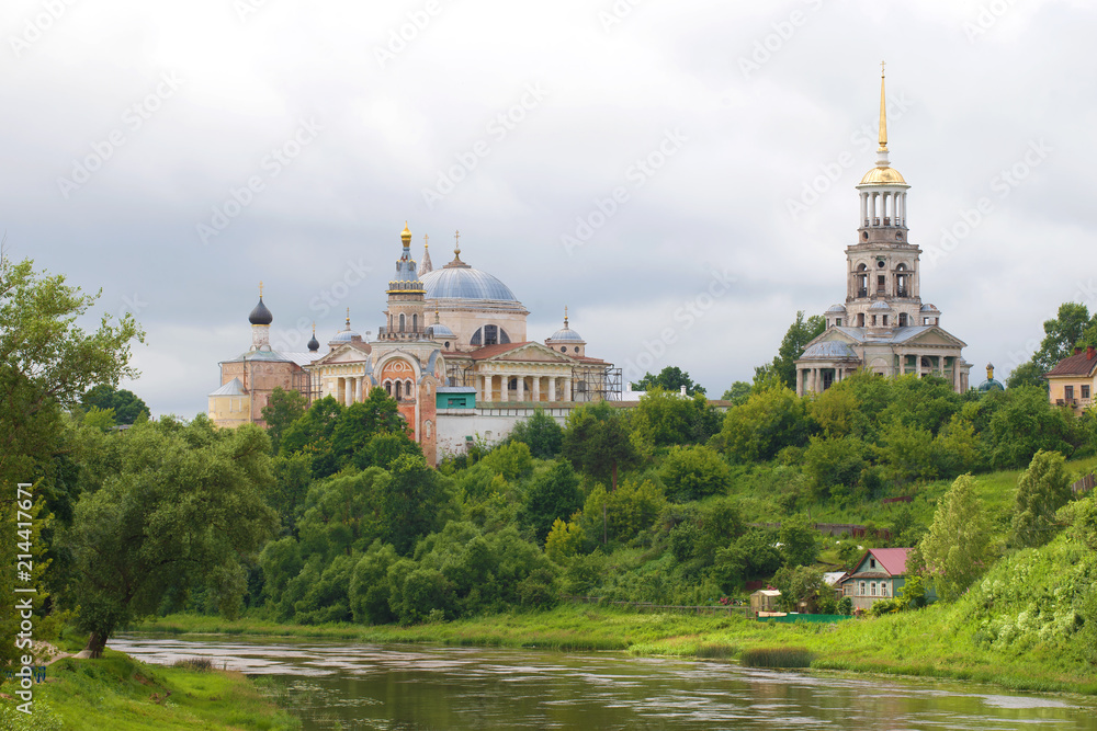 A view of the temples of the Borisoglebsky monastery on a cloudy summer day. Torzhok, Russia