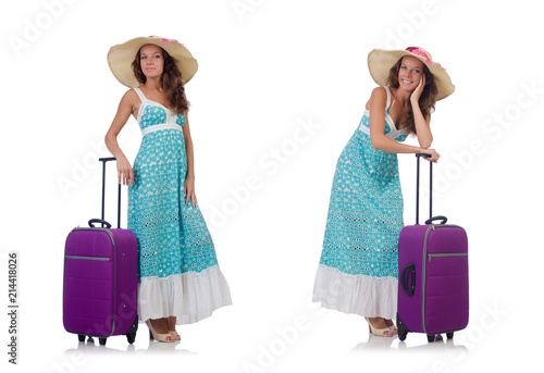 Woman traveller with suitcase isolated on white