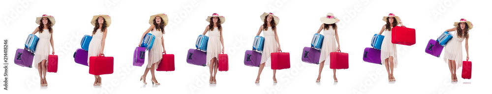 Woman traveller with suitcase isolated on white Woman traveller with suitcase isolated on white