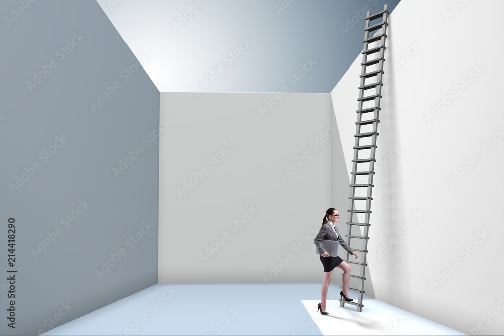 Fototapeta premium Businesswoman climbing a ladder to escape from problems