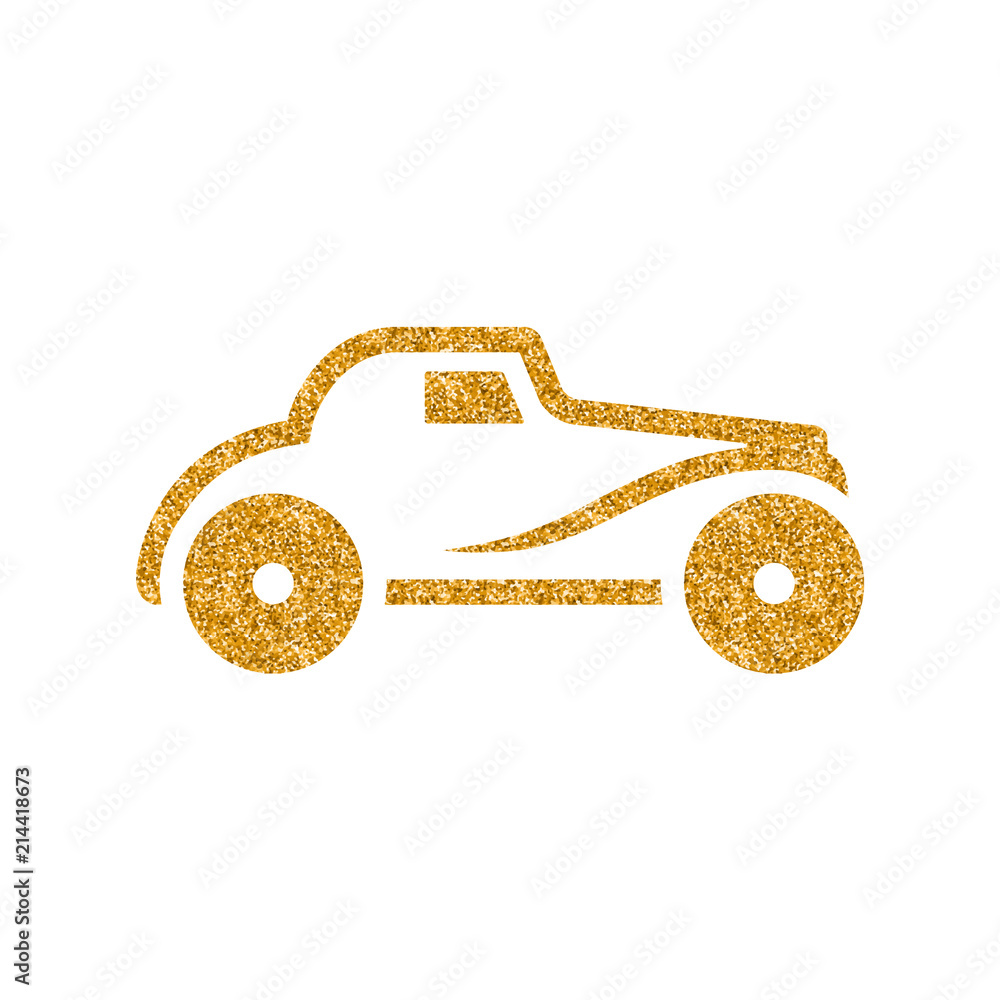 Naklejka premium Vintage car icon in gold glitter texture. Sparkle luxury style vector illustration.