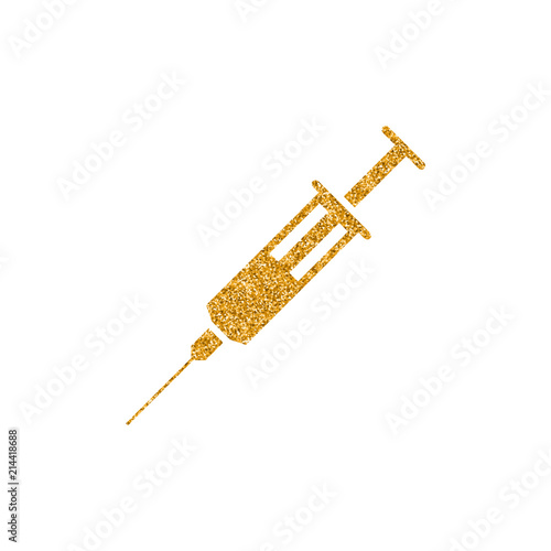 Syringe icon in gold glitter texture. Sparkle luxury style vector illustration.
