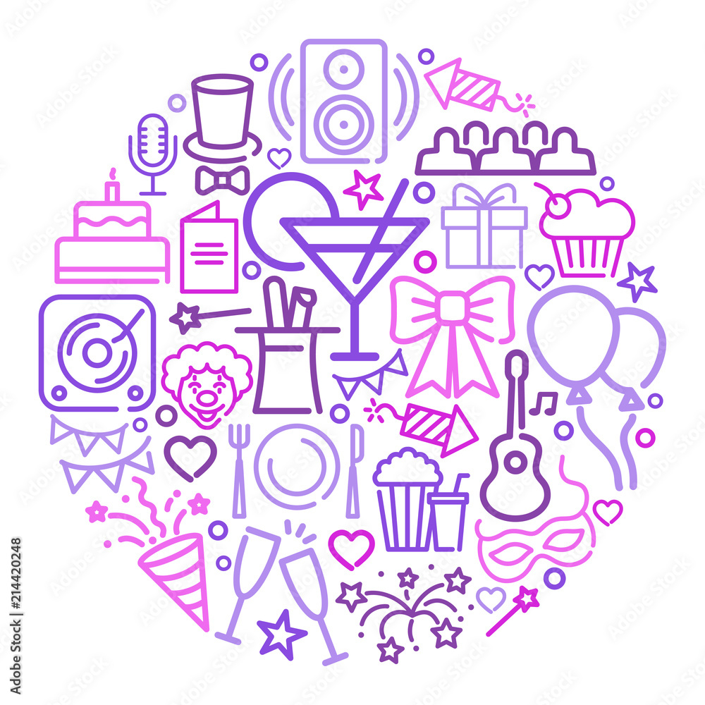 Set of Party Related Vector Line Icons in the form of a circle Set of Party Related Vector Line Icons in the form of a circle