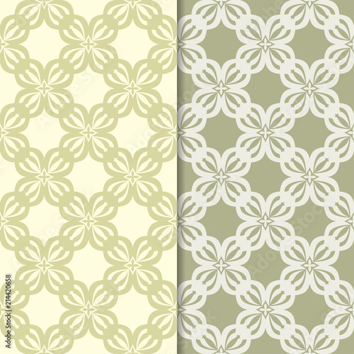 Olive green floral backgrounds. Set of seamless patterns