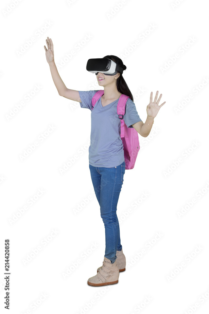 Female student using a virtual reality goggles Female student using a virtual reality goggles