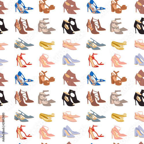 Womens shoes flat design vector footwear shoe store ad fashion boots hand drawn style of leather colored moccasins illustration wear seamless pattern background