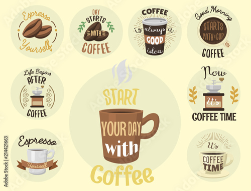Vintage vector coffeeshop logo text labels and coffee drink love quote ribbon logo coffeebeans badges calligraphy break typography lettering