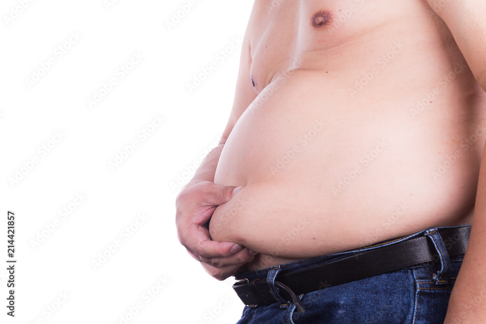 Man pinching unhealthy big belly with visceral or subcutaneous fats Man pinching unhealthy big belly with visceral or subcutaneous fats