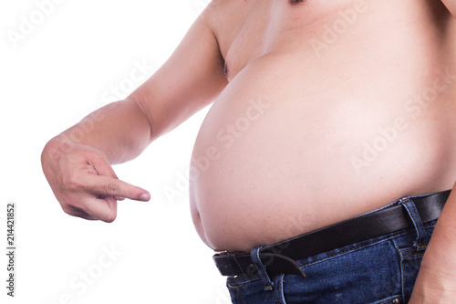 Man pointing own unhealthy big belly with visceral subcutaneous fats photo