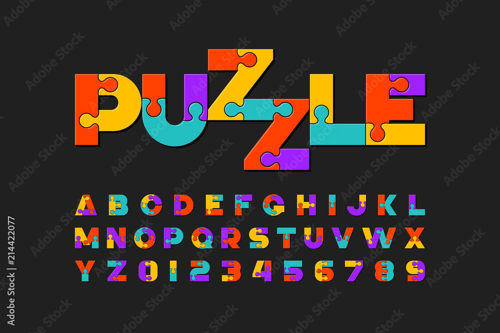 Puzzle font, colorful jigsaw puzzle alphabet letters and numbers Stock