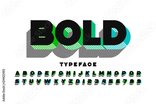 Modern ultra bold 3d typeface, alphabet letters and numbers