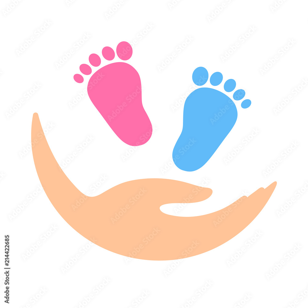 hand of a mother with footprints of a boy and a girl hand of a mother with footprints of a boy and a girl