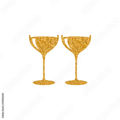 Wine glass icon in gold glitter texture. Sparkle luxury style vector illustration.