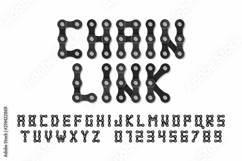 Bike chain font, alphabet letters and numbers