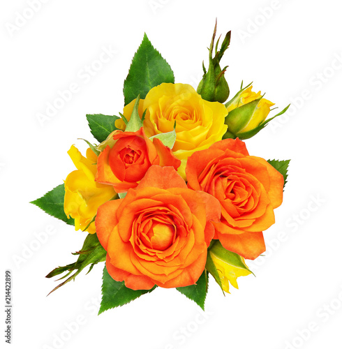 Orange and yellow rose flowers and leaves in a floral arrangement