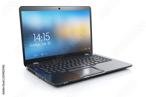 Black modern laptop with open display. 3d render photo