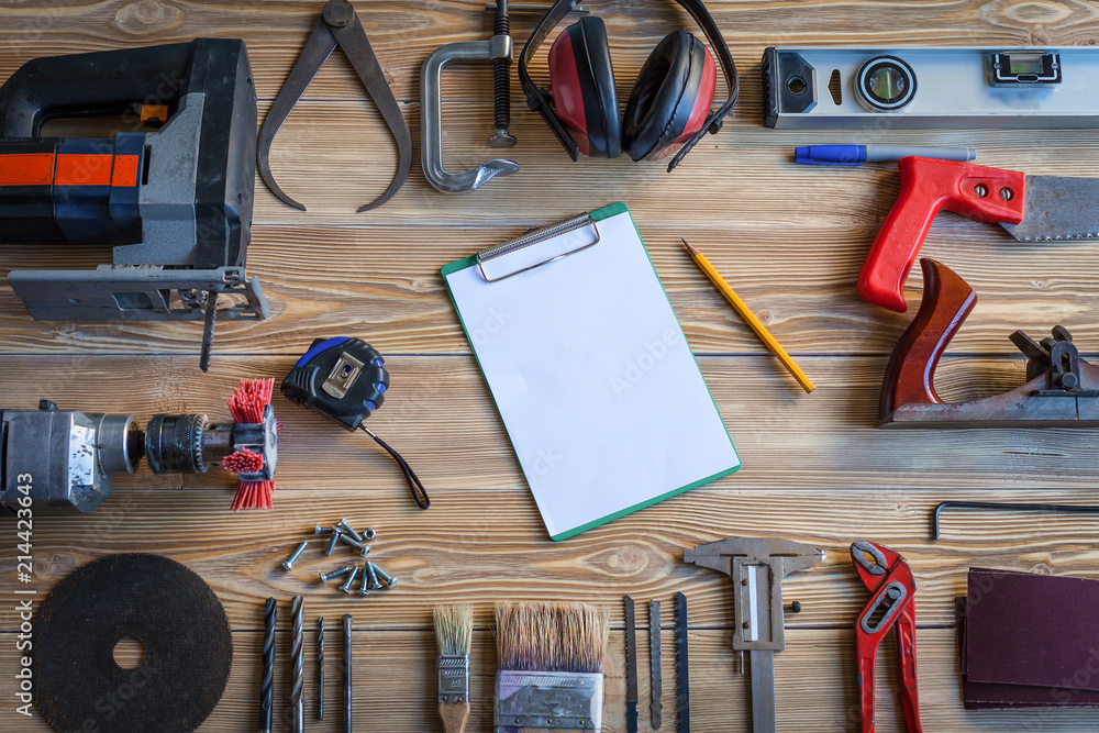 Tools on wooden background Tools on wooden background