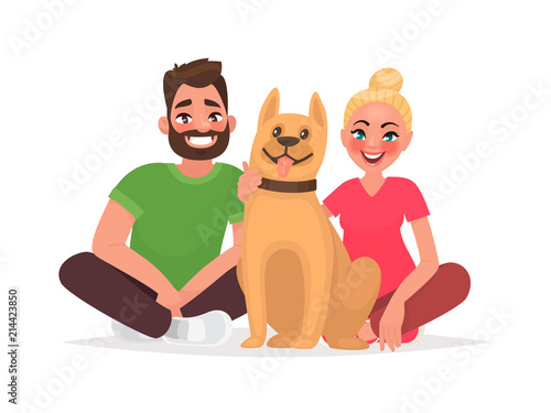 Couple of young people with a pet. Husband and wife with a dog. Vector illustration