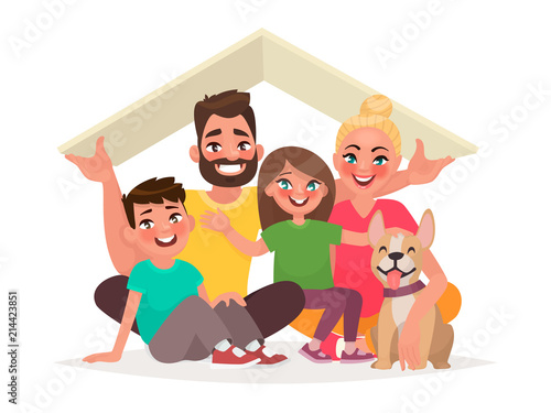 Concept of the home of a young happy family. Dad, mother, son, daughter and dog under the roof of the house