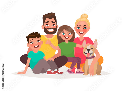 Happy family sitting on a white background. Father, mother son, daughter and dog