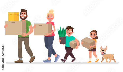 Moving to a new house. Father, mother, son and daughter are carrying things