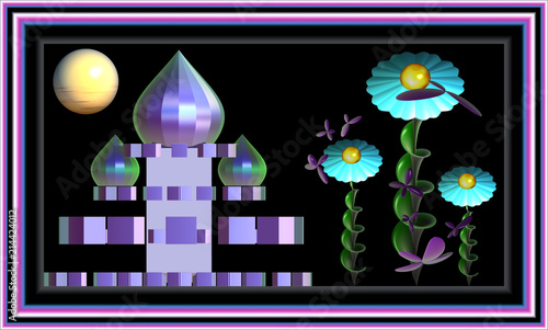 Computer generated 3D fractal.Digital design.Cathedral and flowers on a black background, illuminated by the sun, above the flowers of purple butterflies.