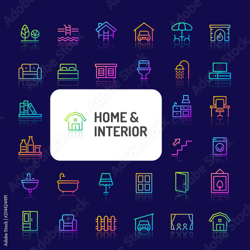 Home, Living, Interior & Furniture Gradient Line Icon Set (EPS 10)
