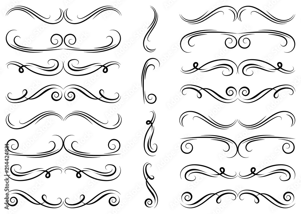 Calligraphic design elements. Dividers, borders and swirls. Set of curls and scrolls for wall decoration, books, cards and tattoos. Swirls Vector Illustration. Calligraphic design elements. Dividers, borders and swirls. Set of curls and scrolls for wall decoration, books, cards and tattoos. Swirls Vector Illustration.