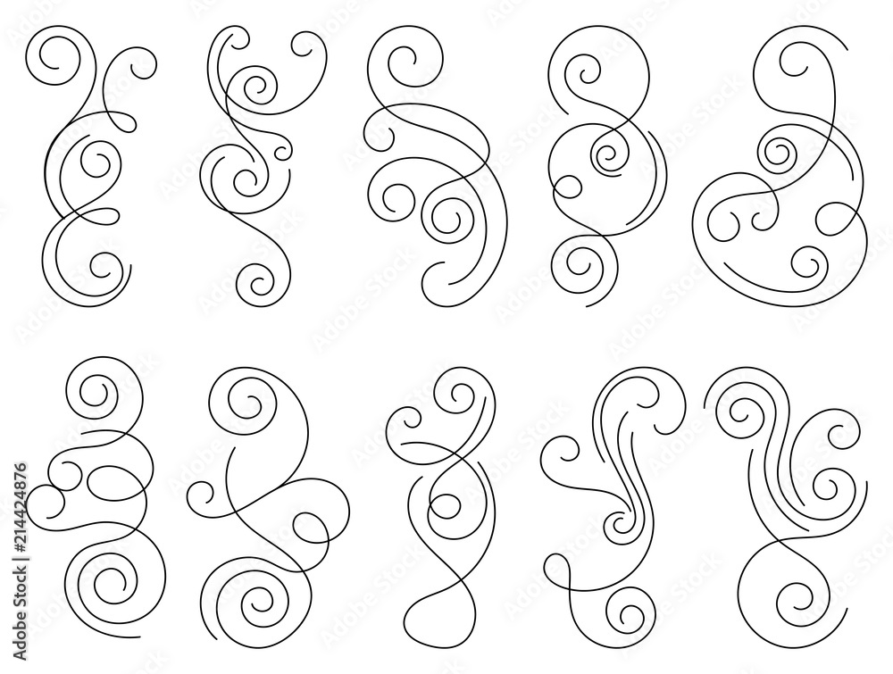 Calligraphic design elements. Thin line set of curls and scrolls for wall decoration, books, cards and tattoos. Swirls Vector Illustration. Calligraphic design elements. Thin line set of curls and scrolls for wall decoration, books, cards and tattoos. Swirls Vector Illustration.