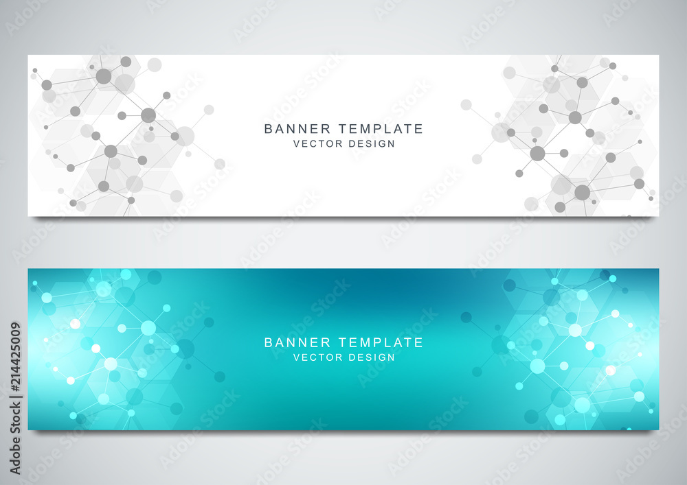Vector banners design for medicine, science and digital technology. Molecular structure background and communication with connected lines and dots. Vector banners design for medicine, science and digital technology. Molecular structure background and communication with connected lines and dots.