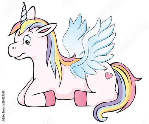 cute winged unicorn winks lying