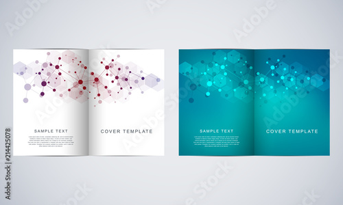 Vector template for brochure or cover with molecular structure background and connected lines and dots. Medicine  science and digital technology concept.