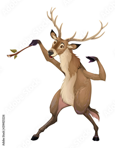 Funny deer is playing with a branch like a conductor