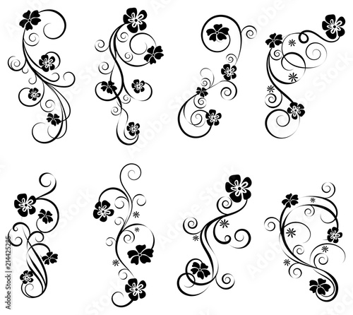 Floral vintage swirl set. Abstract black and white ornate curls and scrolls. Vector illustration with flowers. 
