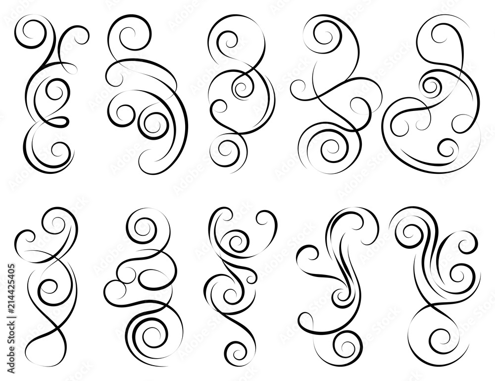 Calligraphic black and elegant swirls collection. Set of curls and scrolls for wall decoration, page decoration, greeting cards and tattoos. Vector calligraphic design elements illustration. Calligraphic black and elegant swirls collection. Set of curls and scrolls for wall decoration, page decoration, greeting cards and tattoos. Vector calligraphic design elements illustration.