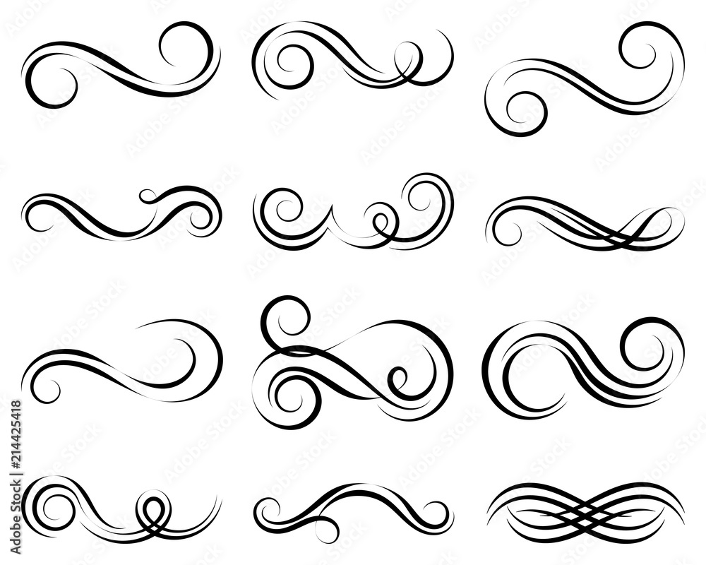 Black and elegant swirls collection. Set of curls and scrolls for wall decoration, books and tattoos. Vector illustration.