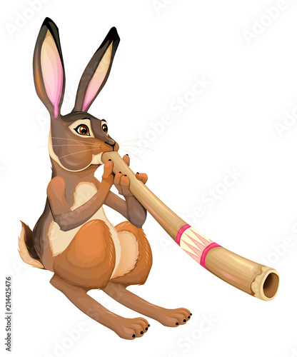 Funny hare is playing with the didgeridoo