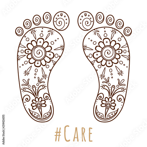 Footprint with floral mehndi ornament. Sketch of legs, skin care theme, pedicure or procedures. Illustration beauty and health. Vector