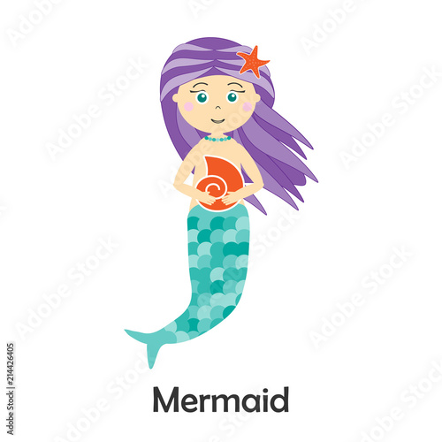 Mermaid in cartoon style, marine card for kid, preschool activity for children, vector illustration