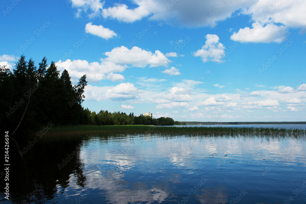 Lake Vysokinskoye in the summer, with the reflection of white clouds in the water. Leningrad Region, Russia. Lake Vysokinskoye in the summer, with the reflection of white clouds in the water. Leningrad Region, Russia.