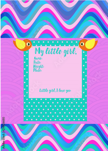 Beautiful children's metrics are flat design. Child's birth data. Cute baby c...