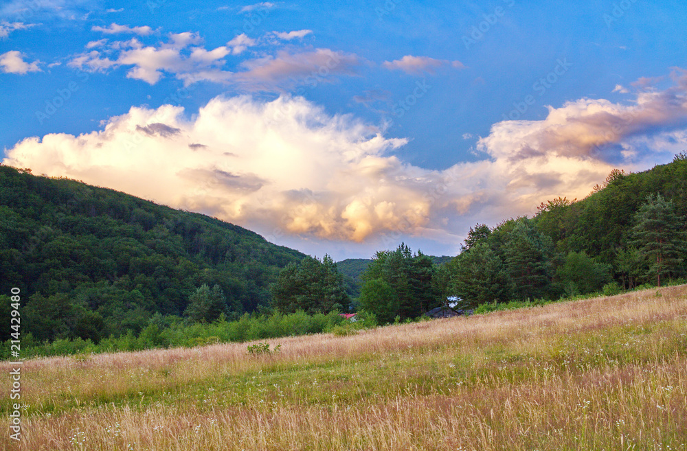 field against a background of mountain forests and beautiful clouds field against a background of mountain forests and beautiful clouds