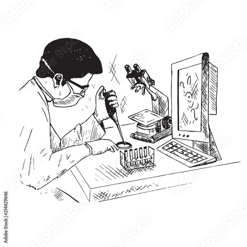 A male scientist is studying something in test tube, microscope and computer on the table, hand drawn doodle, sketch outline black and white vector illustration