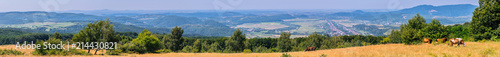 Panoramic view of three hundred and sixty degrees. Mountains, field, trees